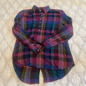 Beach Lunch Lounge Top Womens Medium Multicolor Plaid High Low Hem Shirt Blouse